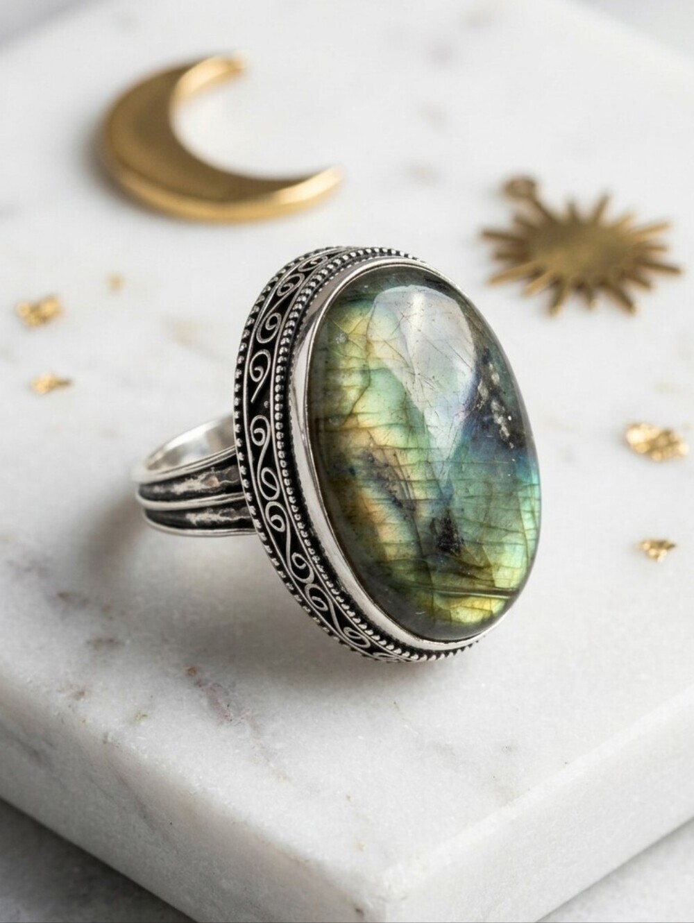 925 Sterling Genuine Labradorite Oval Statement Ring Blue Flash Filigree Size 8 - Picture 3 of 14